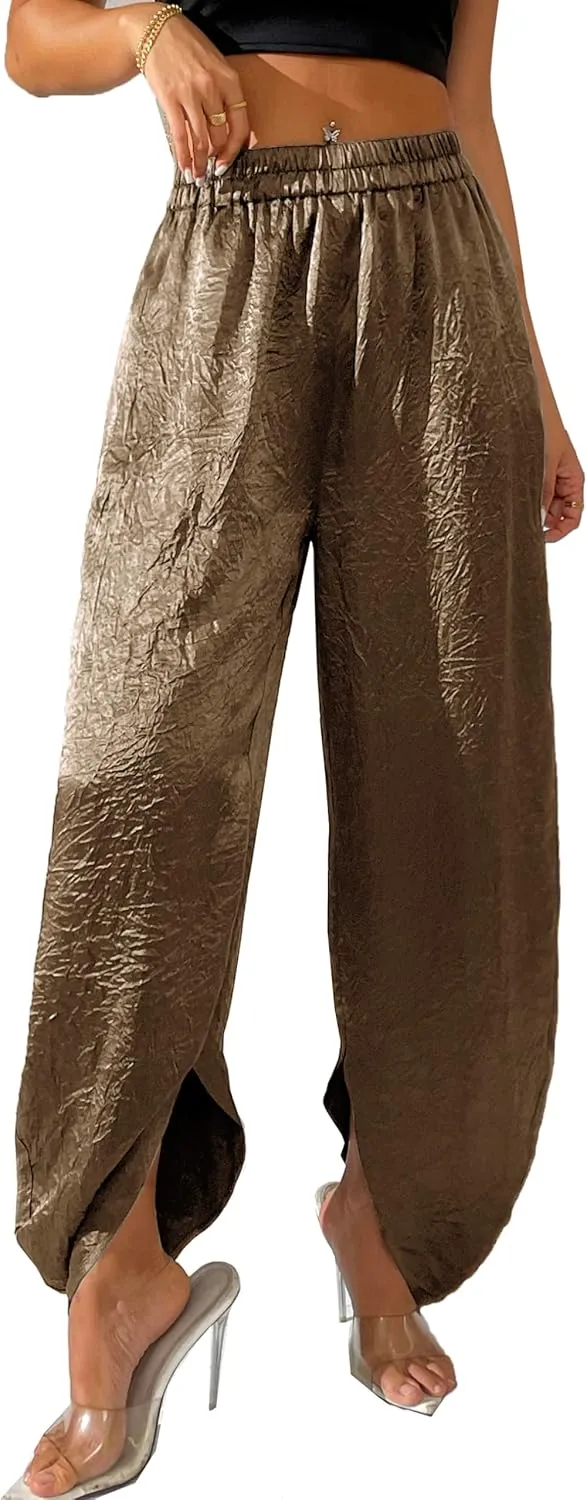 Women's Satin Pants Baggy Dressy Trouser Wide Leg Slouchy Curved Hem Wrinkle Textured Silky Pants