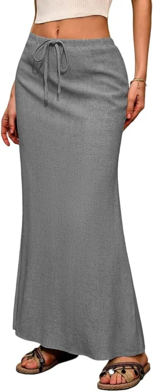 Womens Summer Maxi Skirt Drawstring High Elastic Waist Skirts Linen Flared Skirt Slim Fitted Going Out Casual Midi Skirts