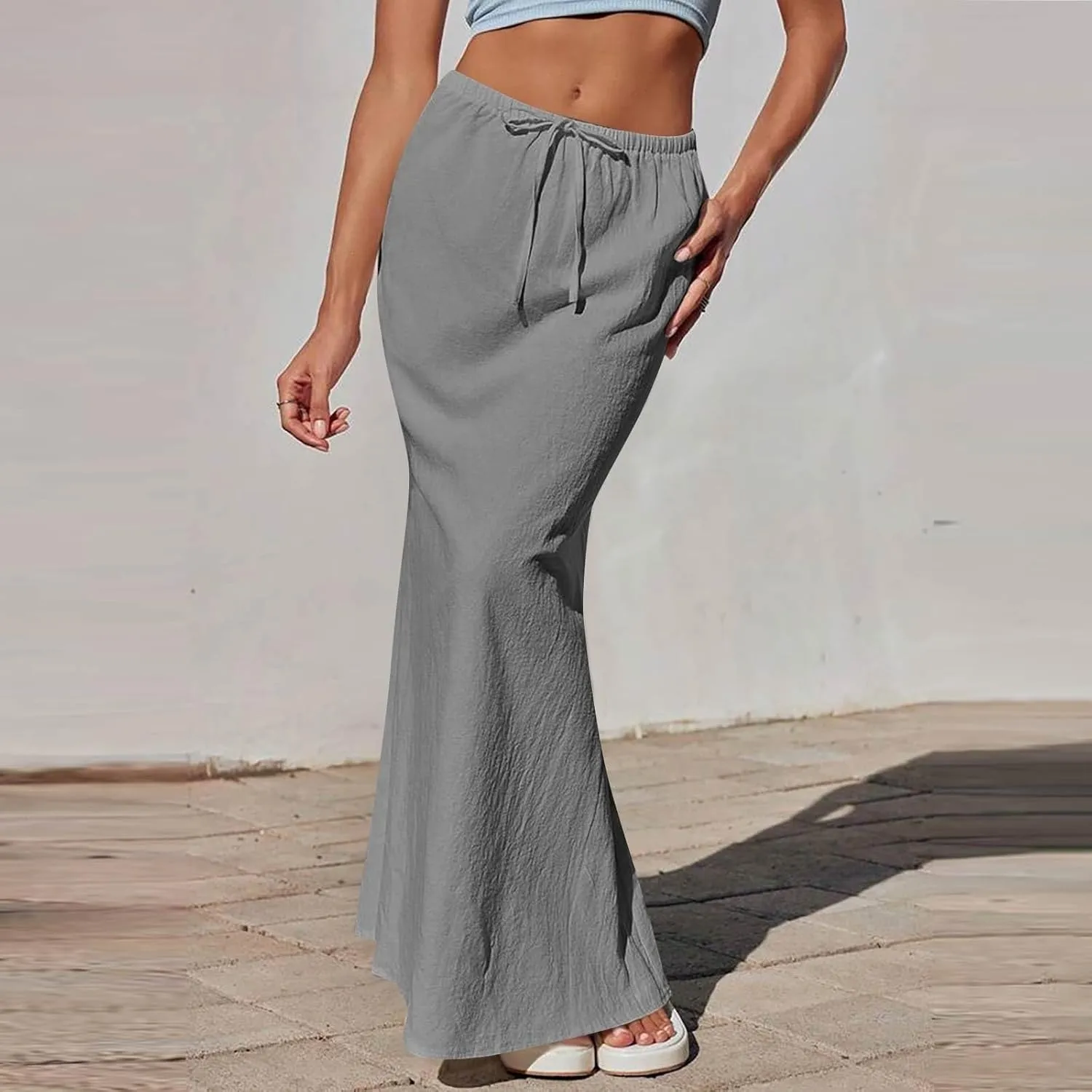 Womens Summer Maxi Skirt Drawstring High Elastic Waist Skirts Linen Flared Skirt Slim Fitted Going Out Casual Midi Skirts