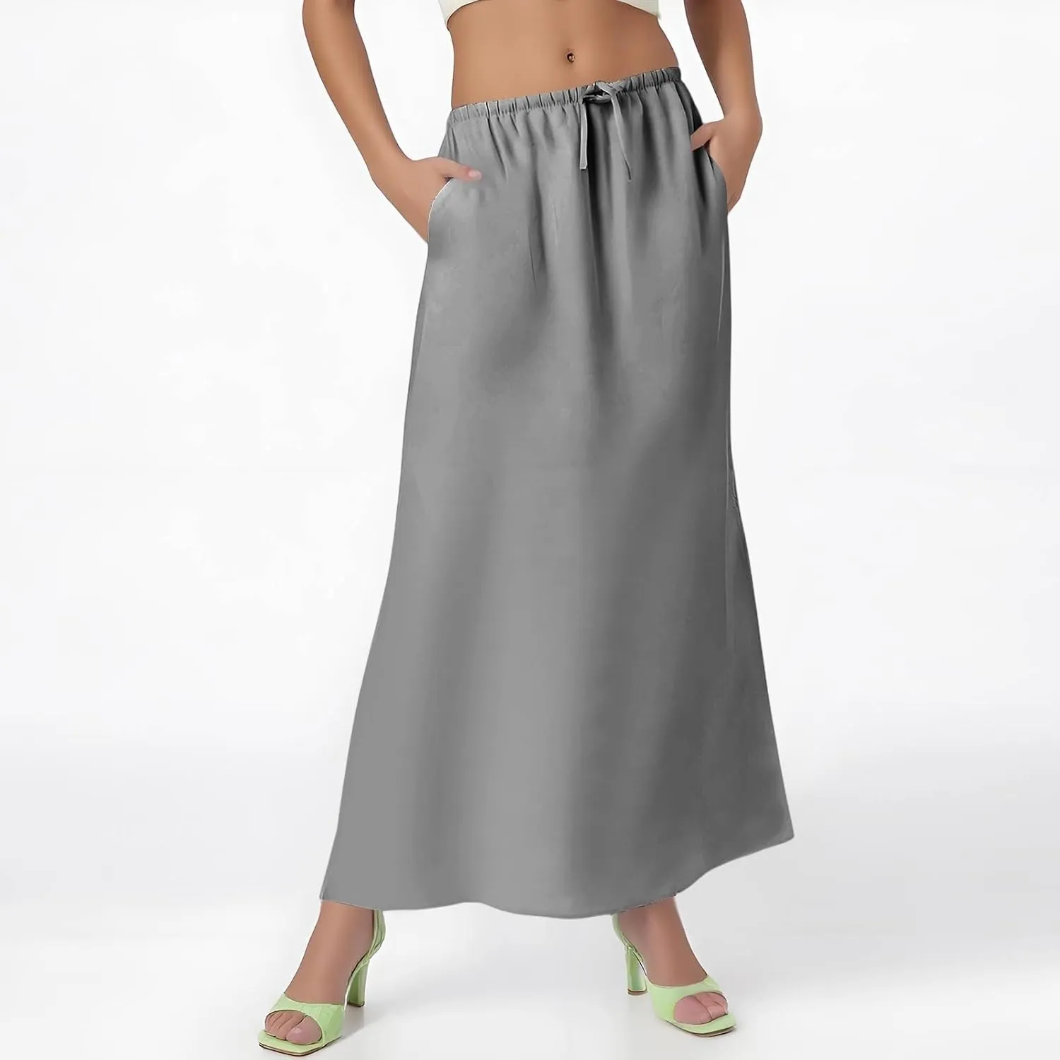 Womens Summer Maxi Skirt Drawstring High Elastic Waist Skirts Linen Flared Skirt Slim Fitted Going Out Casual Midi Skirts