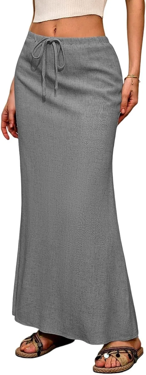 Womens Summer Maxi Skirt Drawstring High Elastic Waist Skirts Linen Flared Skirt Slim Fitted Going Out Casual Midi Skirts