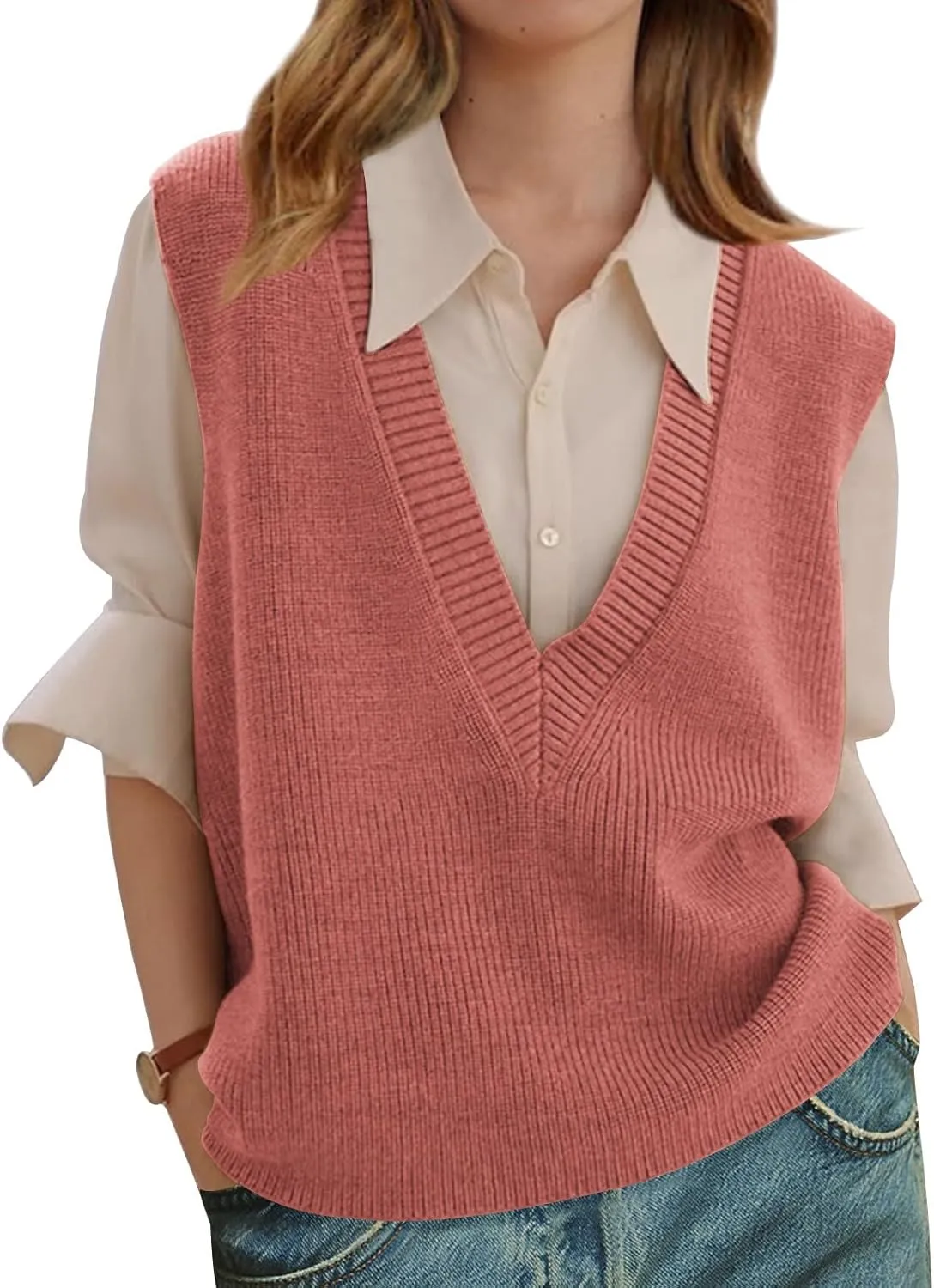 Wowcarbazole Womens Sweater Vest Casual V Neck Solid Ribbed Knit Pullover Vests Fall Sleeveless Sweaters Tops