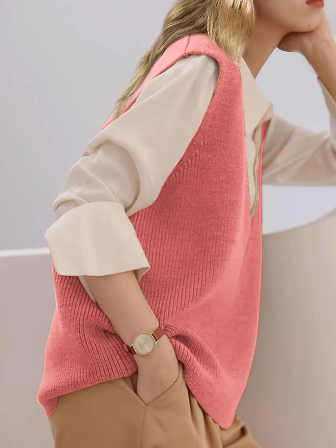 Wowcarbazole Womens Sweater Vest Casual V Neck Solid Ribbed Knit Pullover Vests Fall Sleeveless Sweaters Tops