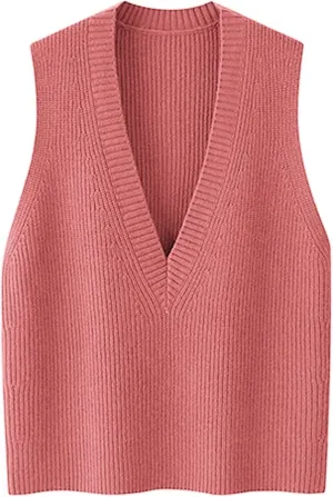 Wowcarbazole Womens Sweater Vest Casual V Neck Solid Ribbed Knit Pullover Vests Fall Sleeveless Sweaters Tops