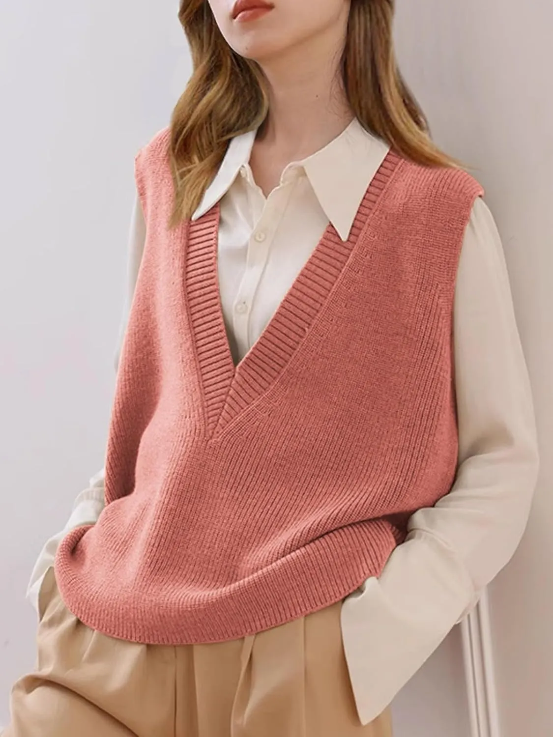 Wowcarbazole Womens Sweater Vest Casual V Neck Solid Ribbed Knit Pullover Vests Fall Sleeveless Sweaters Tops
